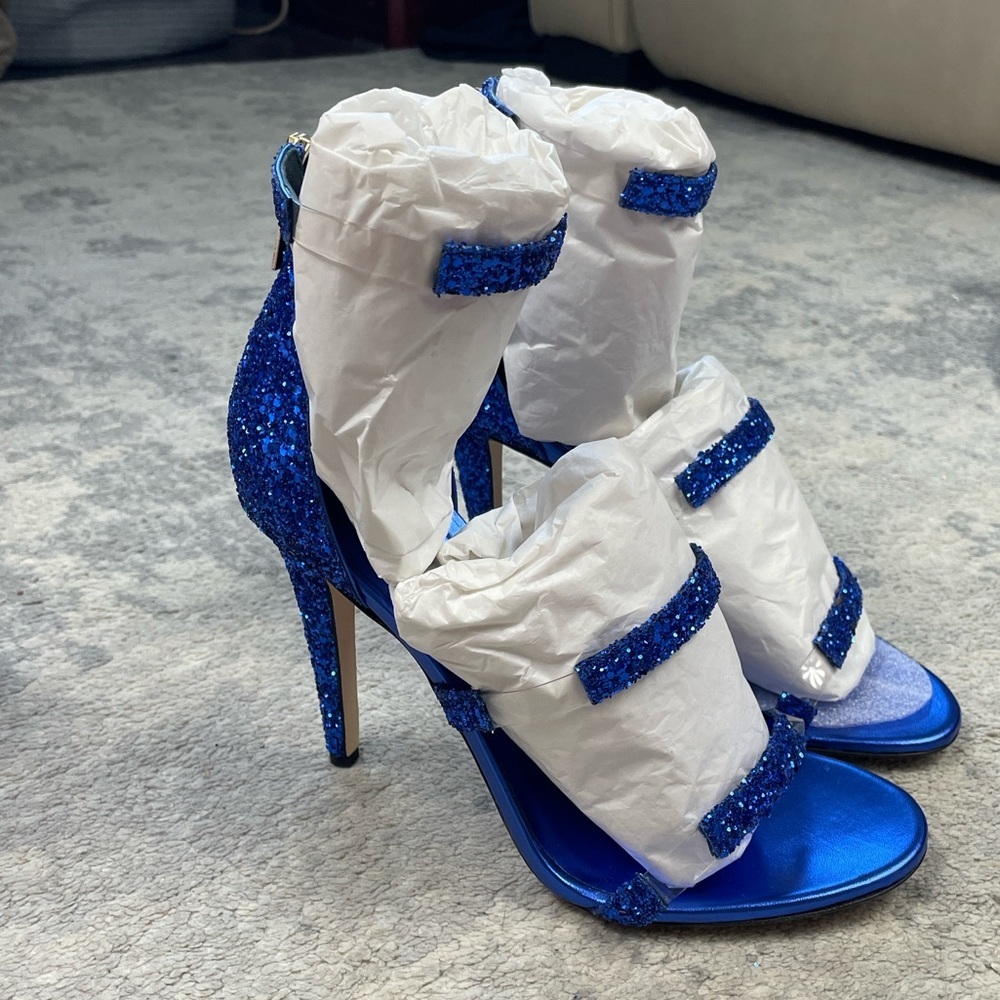 Nib Tamara Mellon Frontline 105 Glitter Cobalt Blue Heels Strappy Sz 40.5 — image 8 of 8